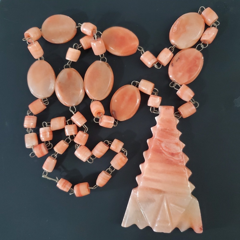 Vintage Mexican Coral Onyx Beaded Necklace 27" Opera Length Carved Pendant 2.8oz